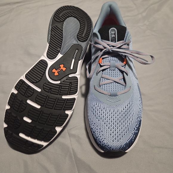 Under Armour Other - Under Armour Light Blue Knit Running Sneakers with Orange Logo Accents